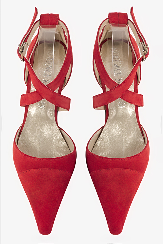 Cardinal red women's open side shoes, with crossed straps. Pointed toe. Medium spool heels. Top view - Florence KOOIJMAN